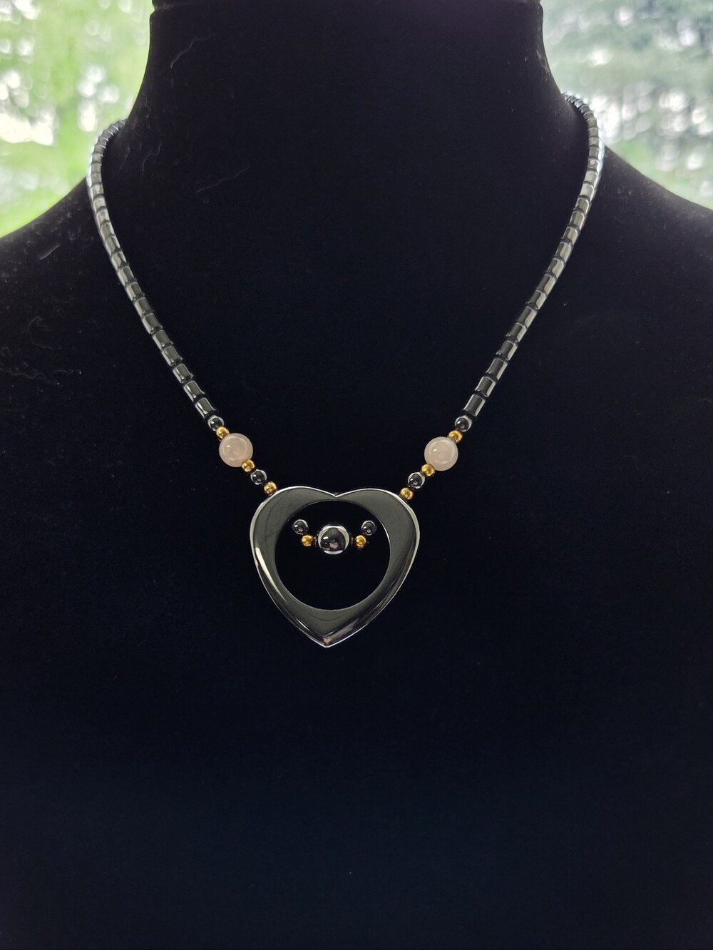 Heart Pendant Hematite Necklace with Pink Accent Beads 18" Long
